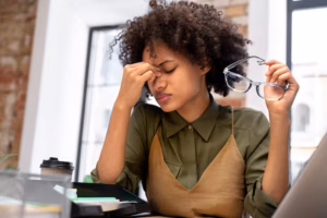Young woman sitting at desk holding her glasses and rubbing her forehead, showing signs of chronic stress and mental exhaustion at work.