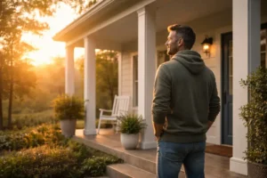 Man standing outside sober living home at sunrise in a substance-free recovery environment