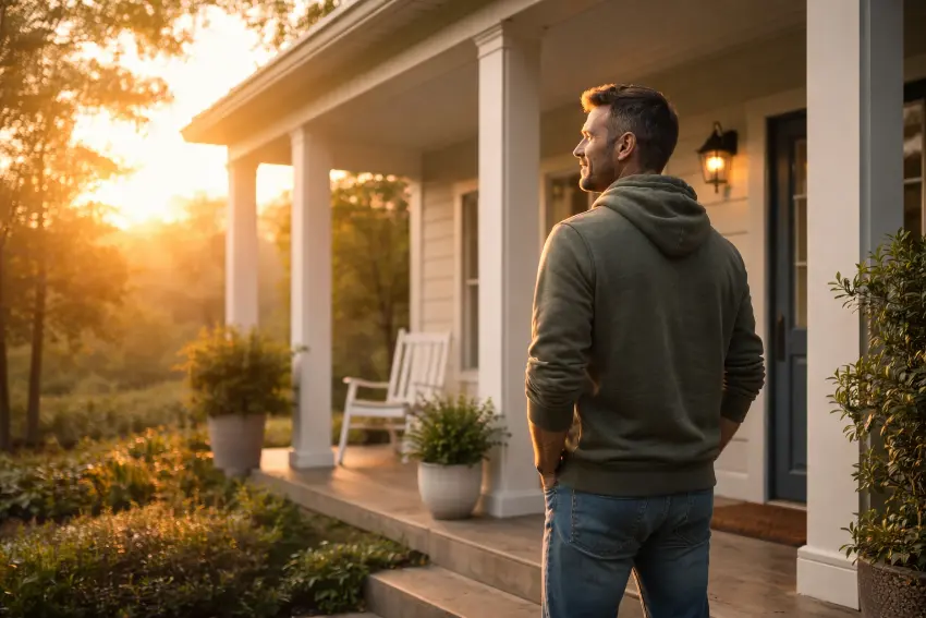 Man standing outside sober living home at sunrise in a substance-free recovery environment