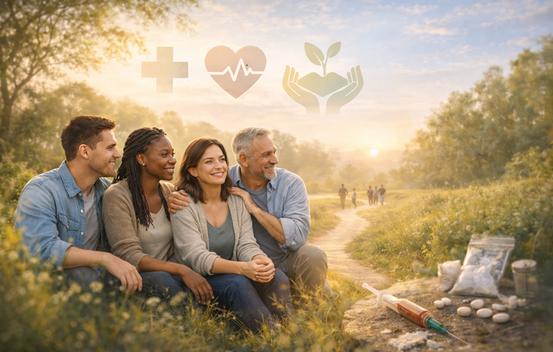 Diverse group of adults sitting together outdoors in a supportive recovery setting symbolizing street drugs addiction treatment and hope for healing.