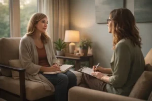 Woman speaking with therapist during counseling about stress triggers that worsen PTSD symptoms in women.