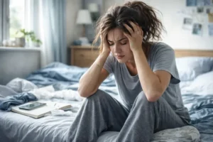 Woman sitting on bed holding her head showing anxiety symptoms and emotional distress.