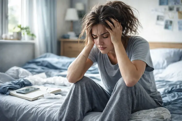 Woman sitting on bed holding her head showing anxiety symptoms and emotional distress.